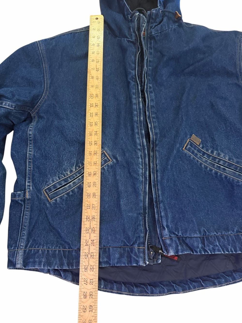 VTG Wrangler Riggs Denim Hooded Winter Jacket Work Quilt Lined Chore Mens Y2K - Picture 8 of 9
